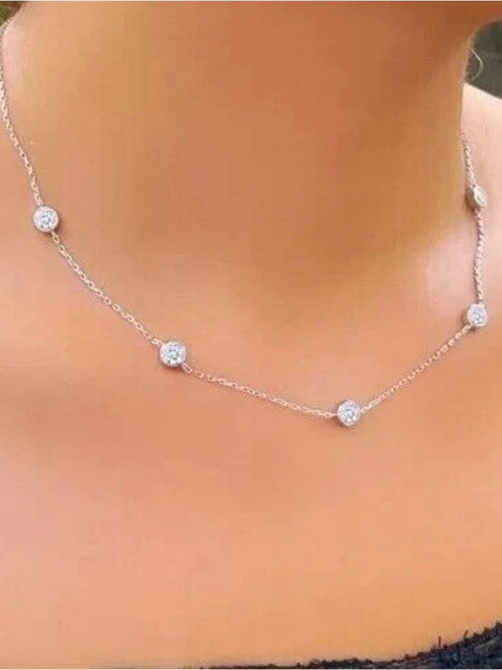Round Natural Diamond By The Yard Bezel Station Necklace 17" 14k White Gold